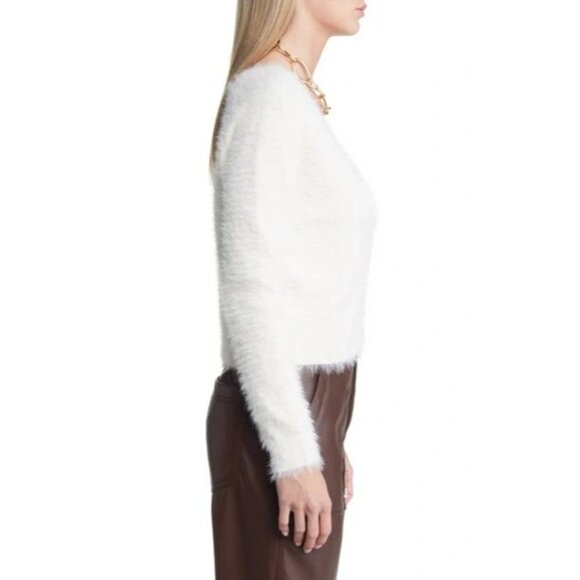 Open Edit Ivory Eyelash Fluffy Knit Cropped Cardigan - Picture 3 of 6
